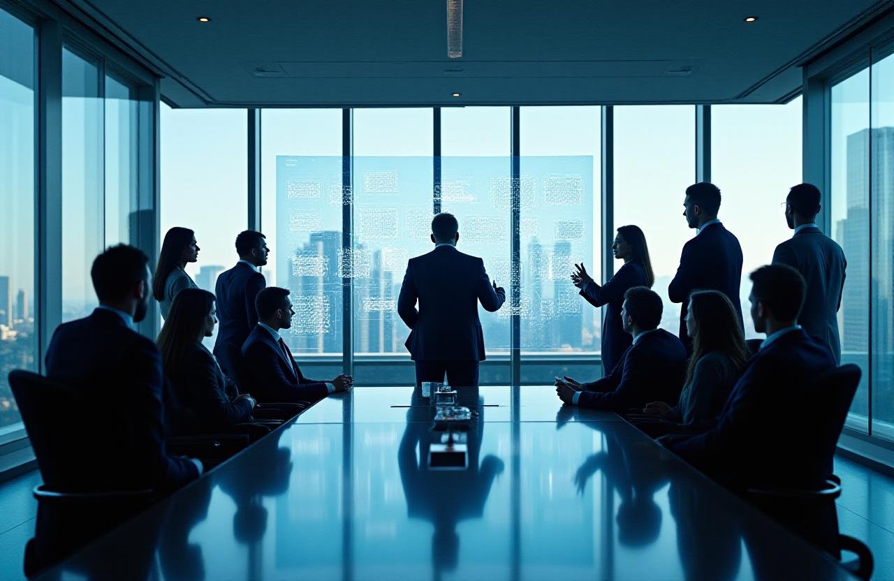 Executive team analyzing market trends in a high-tech boardroom